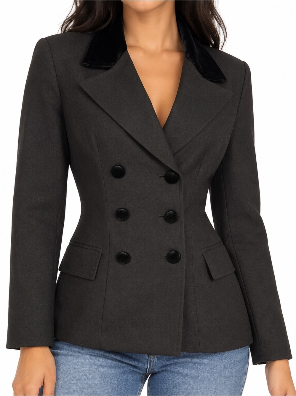 Vintage Double-Breasted Velvet-Collar Blazer — Black — Size 3